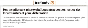 Le syndicat des installateurs photovoltaïque du résidentiel a tenté de faire effacer des informations.