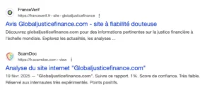 Extrait d'une recherche effectuée sur Google à propos de Globaljusticefinance.