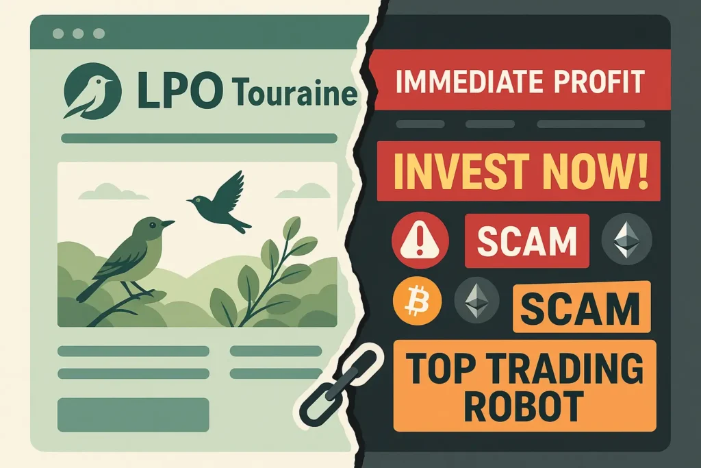 Illustration d’un site internet divisé en deux parties : à gauche, un ancien site associatif LPO sur la biodiversité ; à droite, un site frauduleux promouvant des arnaques au trading.