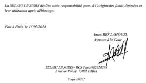 Extrait de l'attestation de dépôt de 10 millions d'euros rédigée par Maître Imen Bel Lahouel.