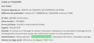 Extrait du registre français du commerce et des sociétés.