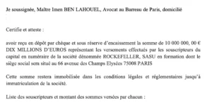 Extrait de l'attestation de dépôt de 10 millions d'euros rédigée par Maître Imen Bel Lahouel.