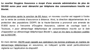 Extrait d'un article évoquant la condamnation d'Oxygène Assurances.