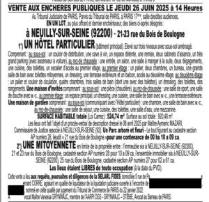 Annonce publique de la vente aux enchères de l'hôtel particulier de Bernard Tapie.