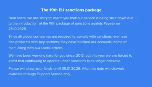 Pessage de Payeer.com à propos du blocage des comptes.
