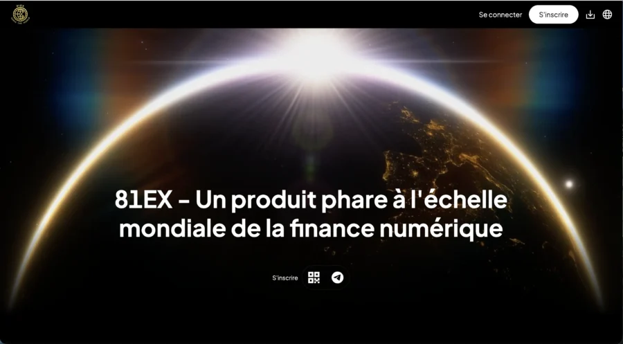 Capture d'écran du site 81EX affichant une vue de la Terre de l'espace et le texte Un produit phare à l'échelle mondiale de la finance numérique.