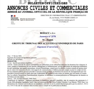 Avis de placement en liquidation de Digilever.