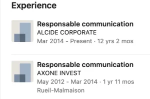 Extrait du profil Linkedin public d'une ancienne employée d'Axone partie chez Alcide.