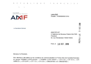 Lettre de l'AMF avertissant de l'illégalité de Thomas lloyd en France.