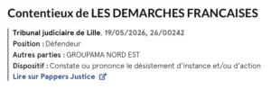 Le registre du commerce et des sociétés rapporte un contentieux.