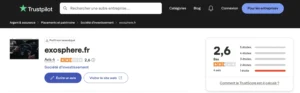 Fiche du site Trustpilot consacré à Exosphère.