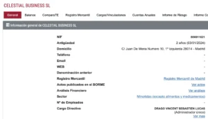 Extrait du registre du commerce et des sociétés espagnol.