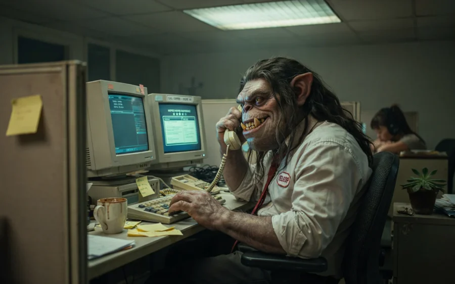 Un monstre grognon travaille à un bureau de call center avec des ordinateurs et une plante en arrière-plan.