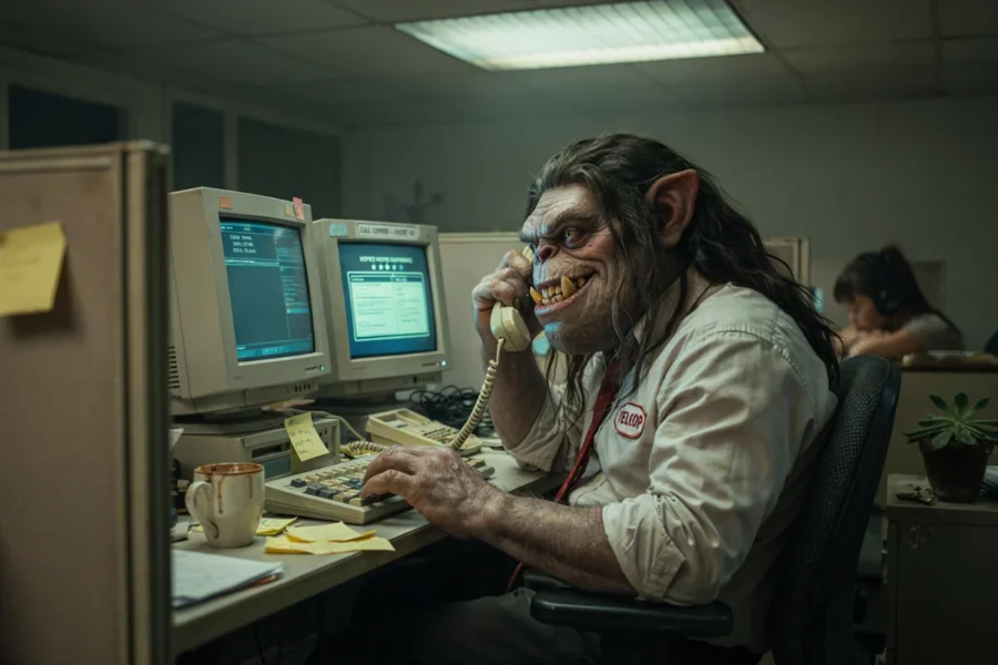 Un monstre grognon travaille à un bureau de call center avec des ordinateurs et une plante en arrière-plan.