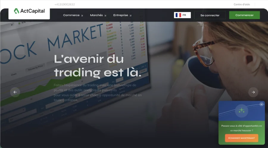 Interface web d'ActCapital promotionnant les investissements boursiers avec une option d'inscription visible.