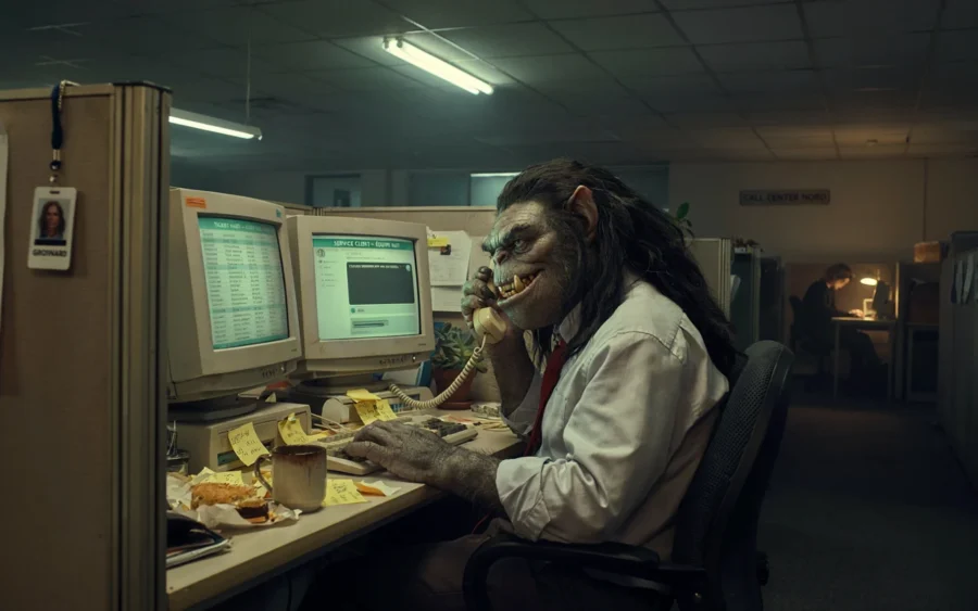 Un bureau mal eclairé ou un personnage en manteau de loup travaille sur des ecrans informatiques.