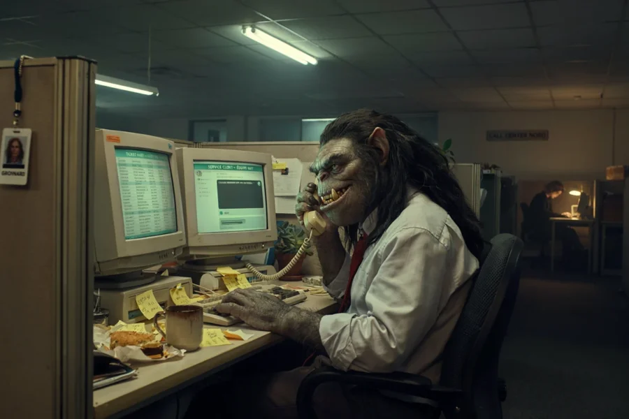 Un bureau mal eclairé ou un personnage en manteau de loup travaille sur des ecrans informatiques.