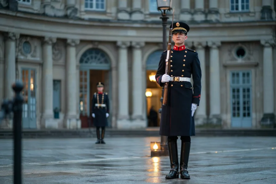 Un gardien en uniforme militairedebout devant un bâtiment à colonnes, probablement un site officiel ou historique.