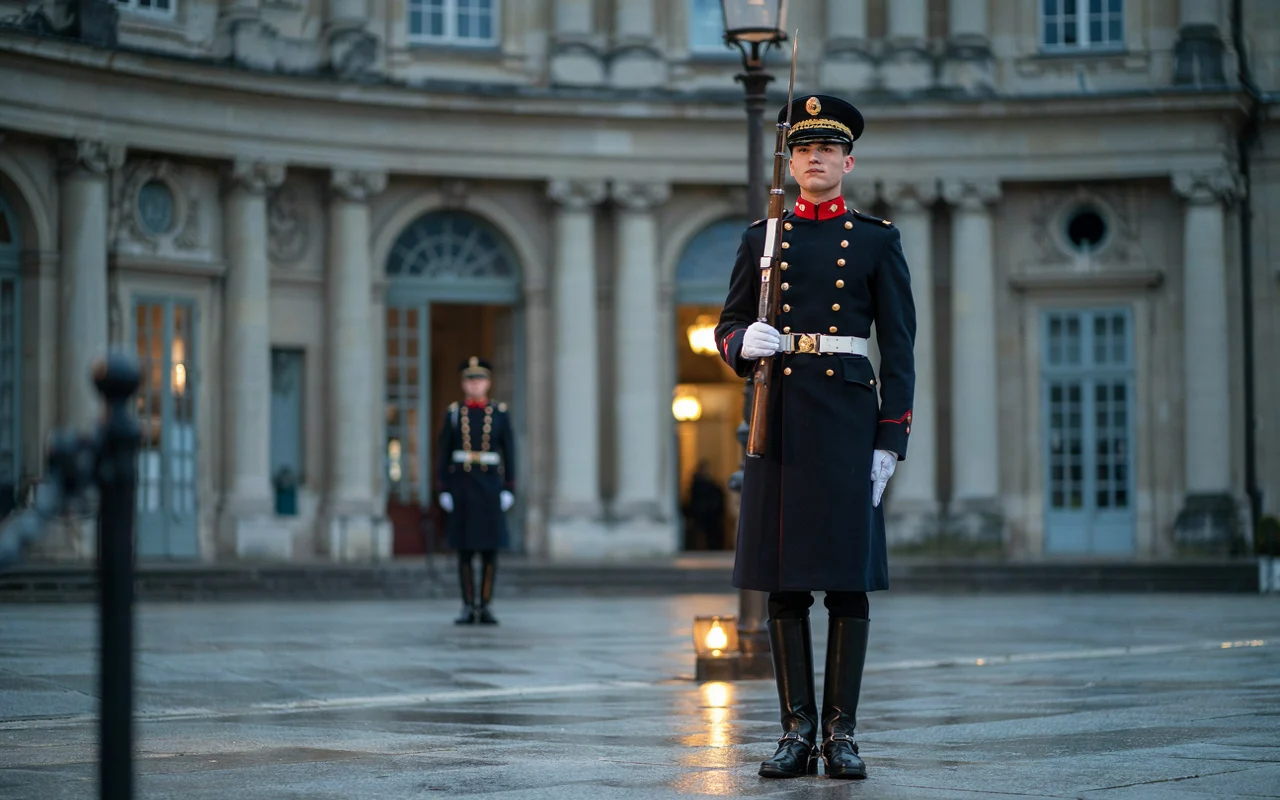 Un gardien en uniforme militairedebout devant un bâtiment à colonnes, probablement un site officiel ou historique.