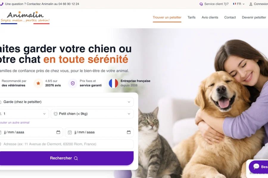Capture d'écran de la page web Animelia proposant une garde d'animaux de compagnie avec une image d'une jeune femme et son chien.