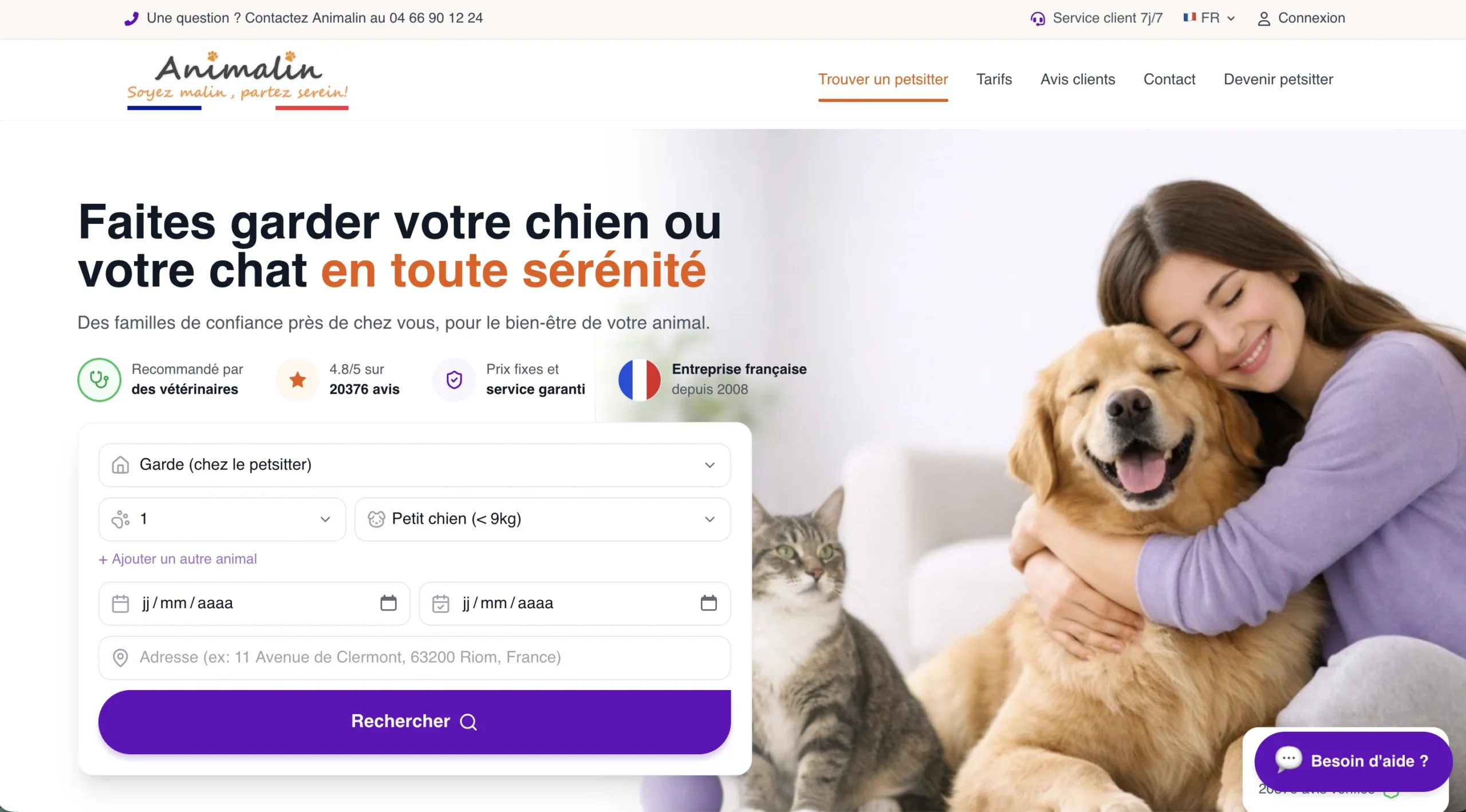 Capture d'écran de la page web Animelia proposant une garde d'animaux de compagnie avec une image d'une jeune femme et son chien.