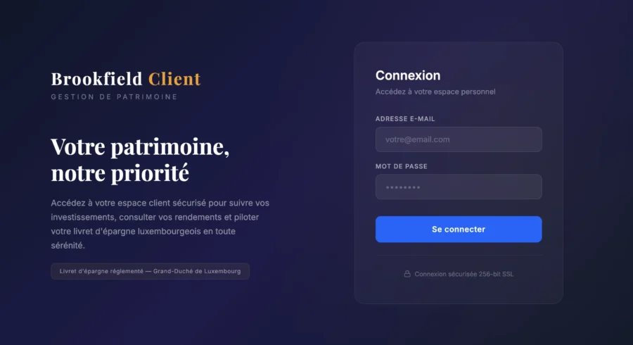 Page de connexion Brookefield Client affichant les champs pour adresse e-mail et mot de passe sur fond sombre