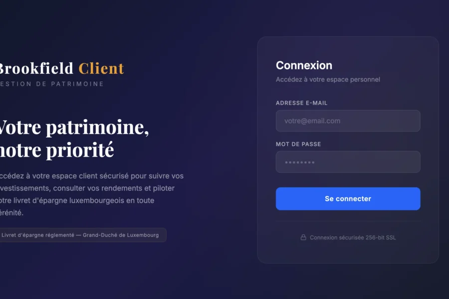 Page de connexion Brookefield Client affichant les champs pour adresse e-mail et mot de passe sur fond sombre