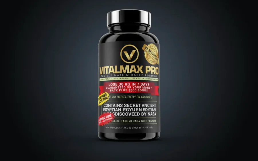 Flacon noir et or de Vitalmax Pro. Le contenant affiche un logo circulaire avec un V et plusieurs mentions textuelles.