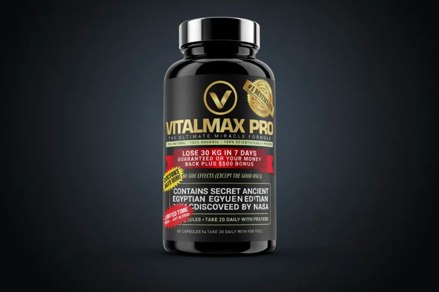 Flacon noir et or de Vitalmax Pro. Le contenant affiche un logo circulaire avec un V et plusieurs mentions textuelles.