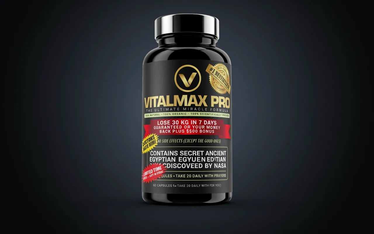 Flacon noir et or de Vitalmax Pro. Le contenant affiche un logo circulaire avec un V et plusieurs mentions textuelles.