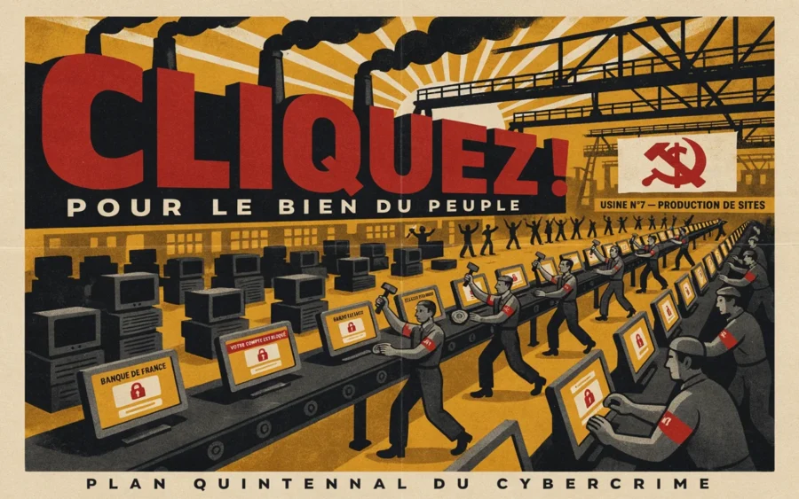 L'affiche satirique montre des ouvriers en uniforme produisant des sites web frauduleux sur un tapis roulant.
