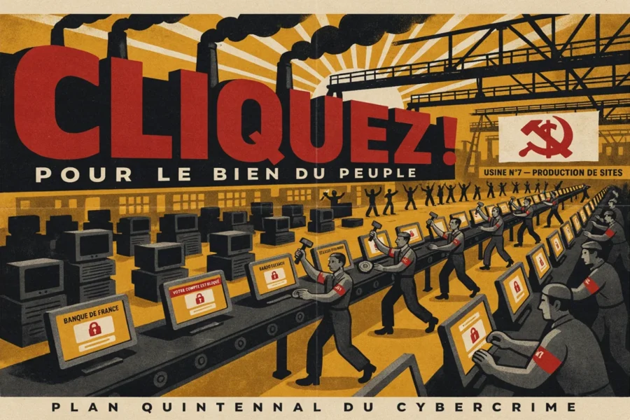 L'affiche satirique montre des ouvriers en uniforme produisant des sites web frauduleux sur un tapis roulant.