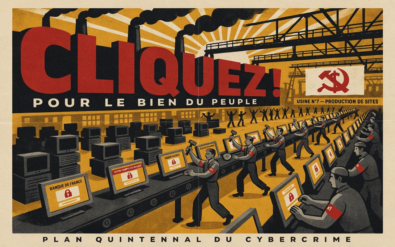 L'affiche satirique montre des ouvriers en uniforme produisant des sites web frauduleux sur un tapis roulant.
