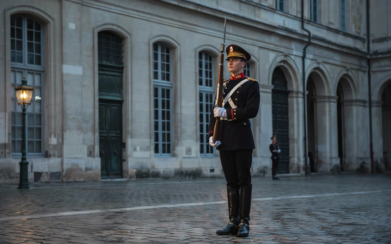 Un soldat en uniforme militaire de cérémonie est debout en poste sur une cour pavée, devant une façade de château aux arcades classiques.