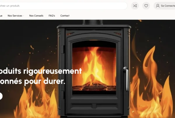 Moteur de recherche et page web promotionnelle présentant des poêles à bois allumés avec un slogan sur la durabilité.