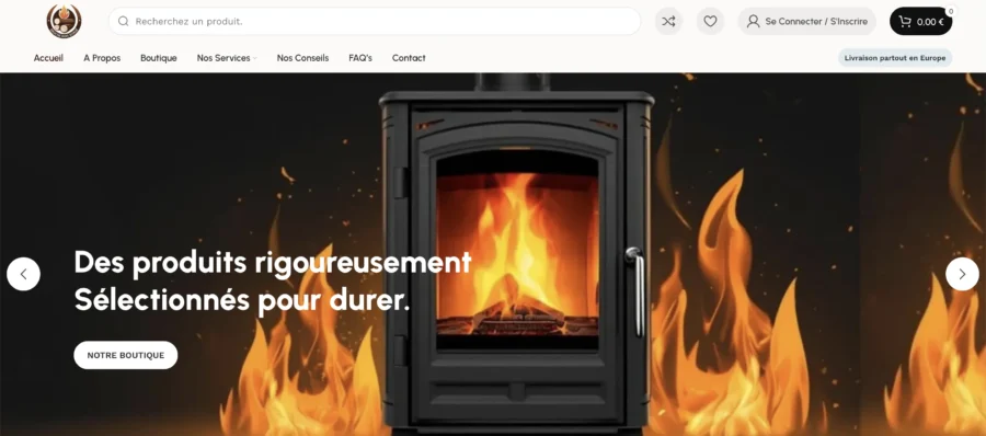 Moteur de recherche et page web promotionnelle présentant des poêles à bois allumés avec un slogan sur la durabilité.