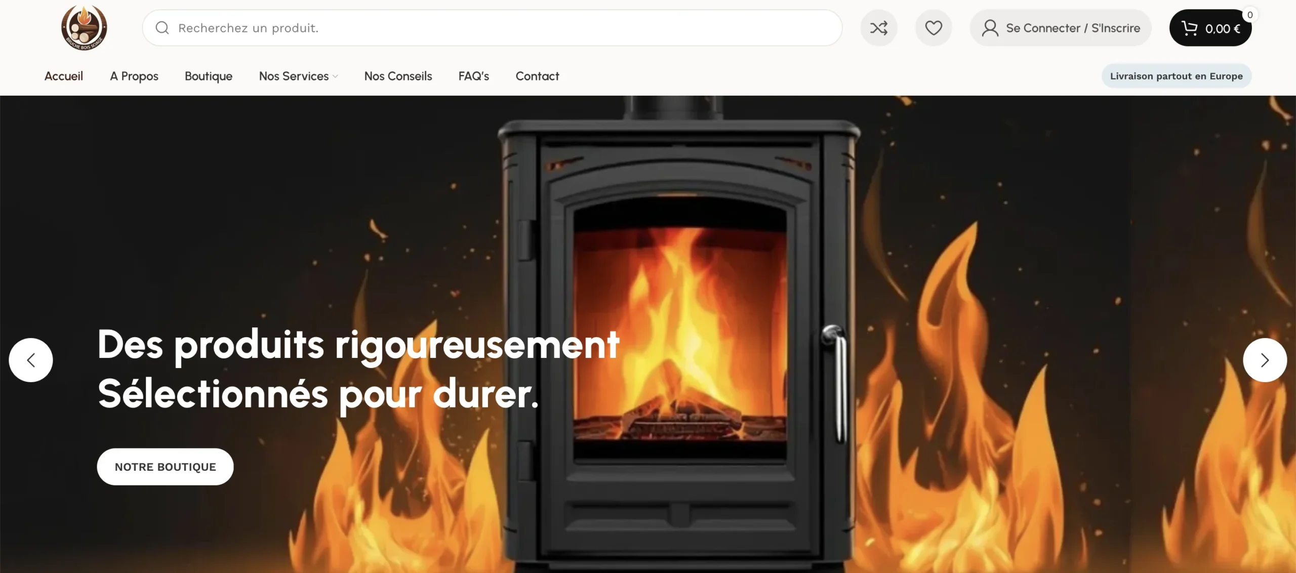 Moteur de recherche et page web promotionnelle présentant des poêles à bois allumés avec un slogan sur la durabilité.