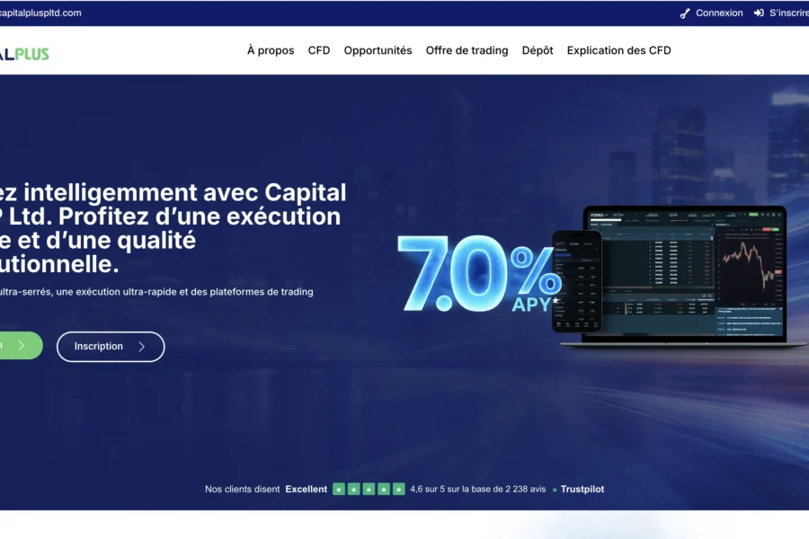 Capture du site Capital PlusP Ltd affichant une promesse de rendement de 70% par an et une interface de trading.