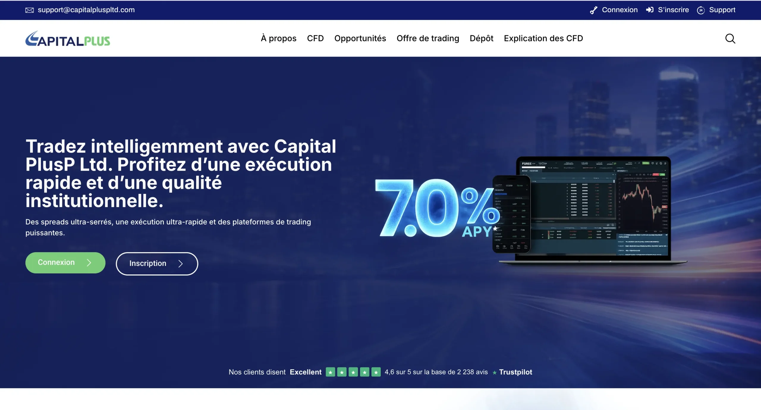 Capture du site Capital PlusP Ltd affichant une promesse de rendement de 70% par an et une interface de trading.