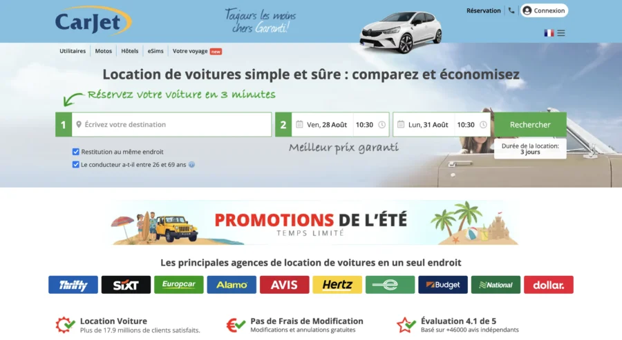 Capture d'écran du site Carjet affichant un formulaire de réservation et la promotion de l'été.