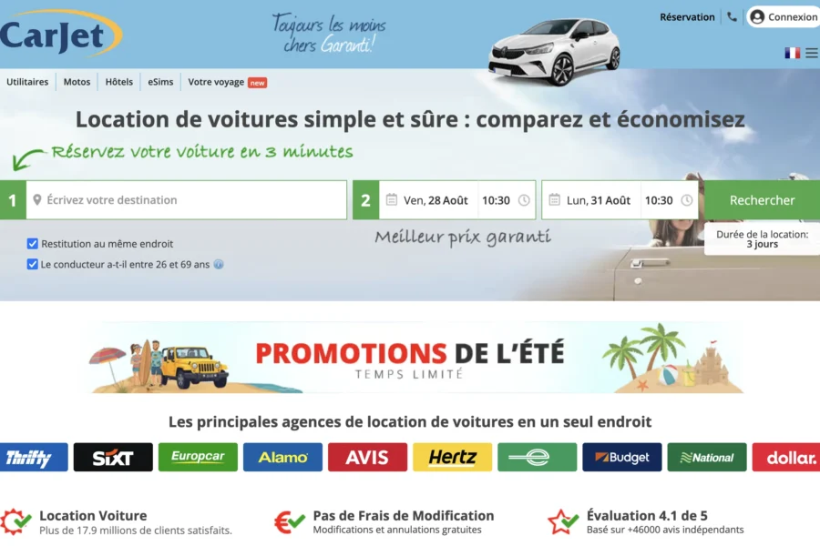 Capture d'écran du site Carjet affichant un formulaire de réservation et la promotion de l'été.