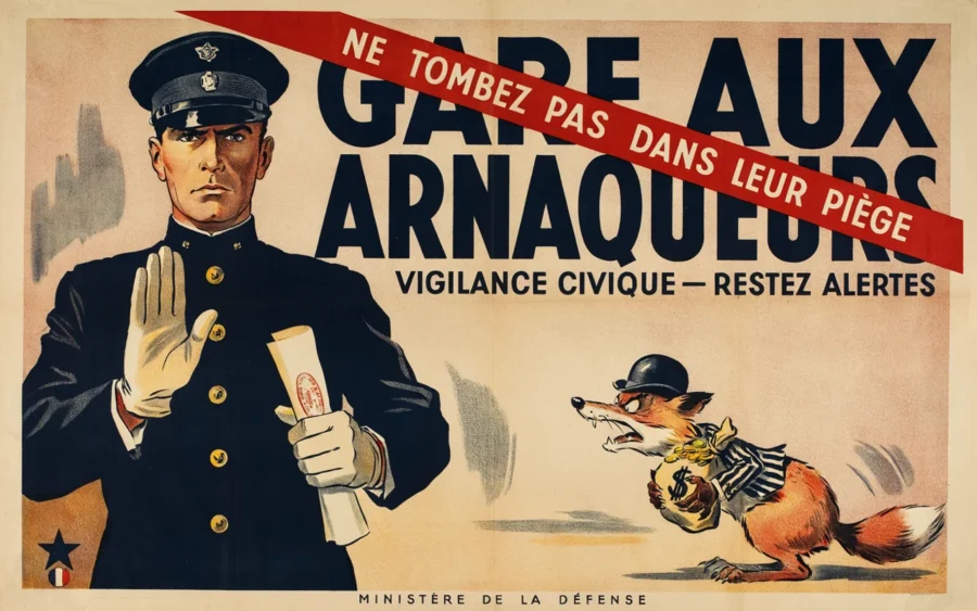 Affiche vintage française avec un policier interdisant l'entrée à un renard voleur, slogan Garde aux arnaqueurs et signature Ministère de la Défense.