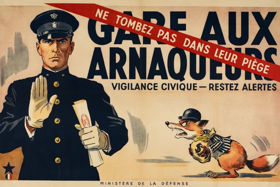 Affiche vintage française avec un policier interdisant l'entrée à un renard voleur, slogan Garde aux arnaqueurs et signature Ministère de la Défense.