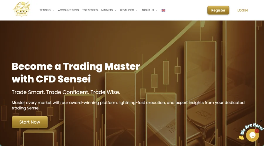 Capture d'écran de la page d'accueil de CFD Sensei avec un bouton d'inscription et une interface de trading