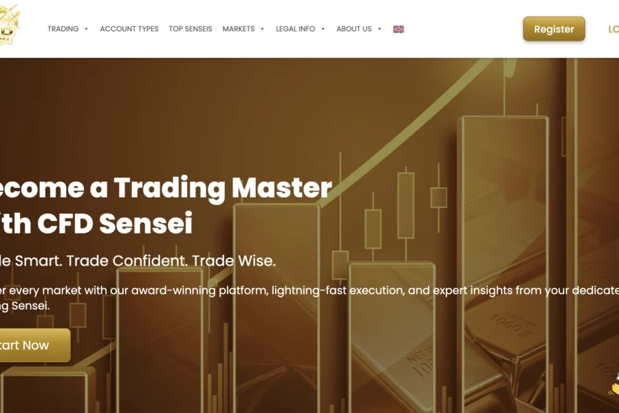 Capture d'écran de la page d'accueil de CFD Sensei avec un bouton d'inscription et une interface de trading