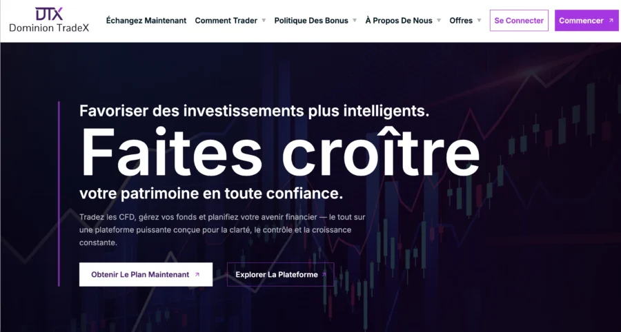 Capture d'écran du site web de Dimension TradeX affichant des graphiques boursiers et des boutons d'inscription.