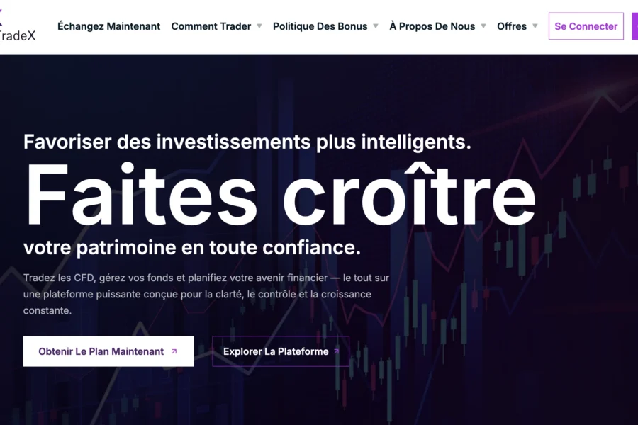 Capture d'écran du site web de Dimension TradeX affichant des graphiques boursiers et des boutons d'inscription.