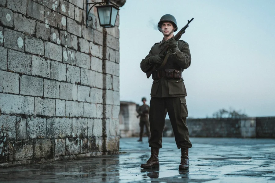 Un garde en armure est positionné devant un mur en pierre, tenant une arme. En arrière-plan, une silhouette floue semble se rapprocher dans un environnement humide.