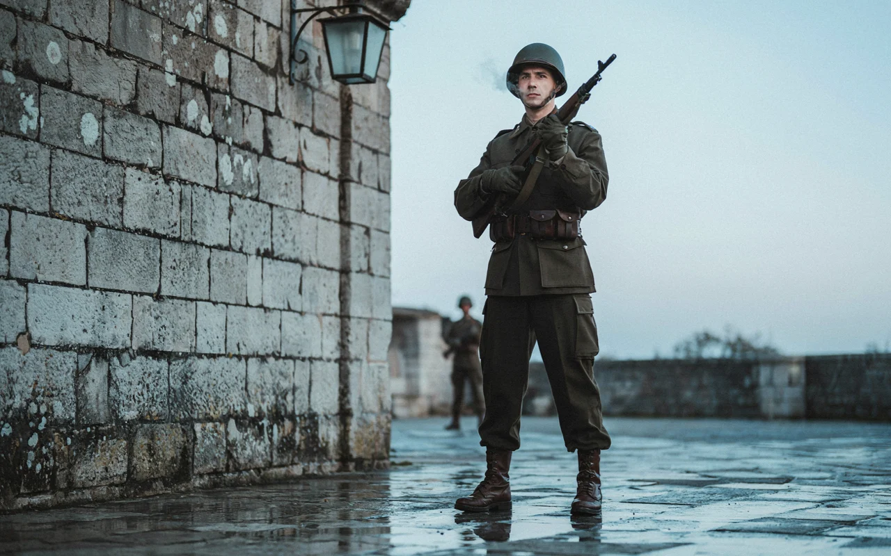 Un garde en armure est positionné devant un mur en pierre, tenant une arme. En arrière-plan, une silhouette floue semble se rapprocher dans un environnement humide.