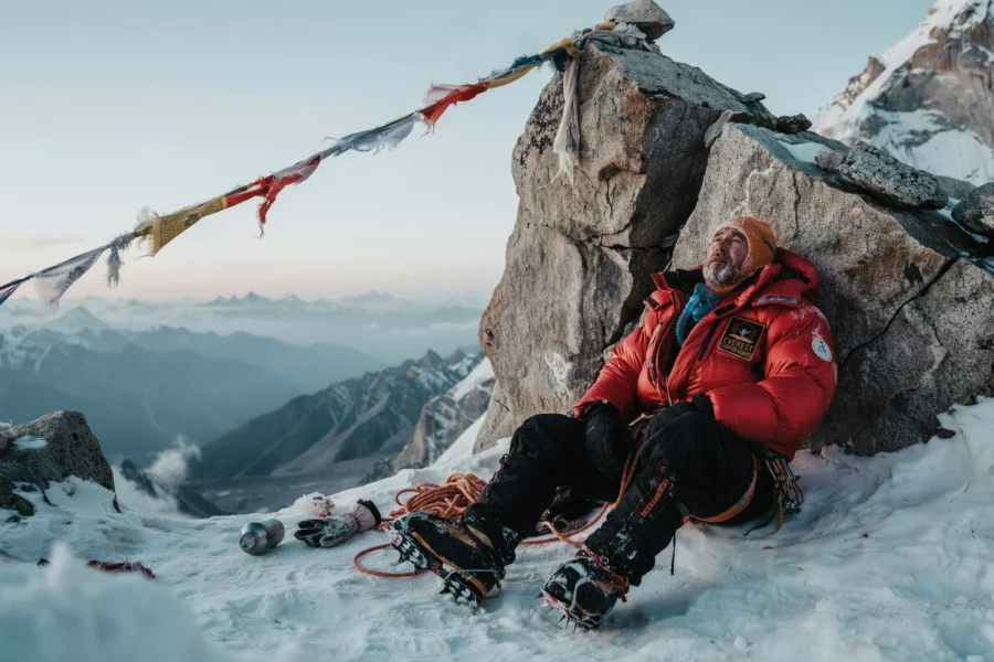 Alpiniste en combinaison rouge assis au sommet d'une montagne enneigée à côté de drapeaux de prière